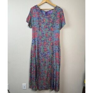Rainbow-Jo Maui Hawaii Maxi Dress Womens Medium Blue Tropical Floral Rayon Aloha